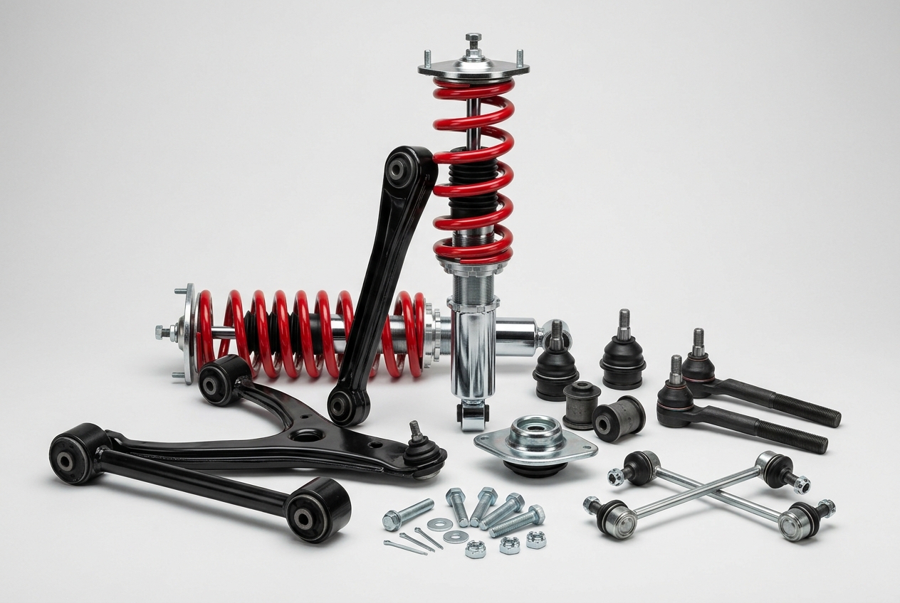 Детали подвески автомобиля: амортизаторы, пружины, рычаги, шаровые опоры, сайлентблоки